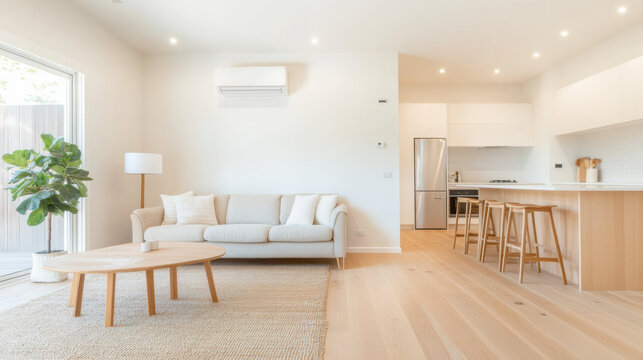 bright and modern open plan living room with wall mounted air conditioner, neutral toned furniture, and kitchen area in background