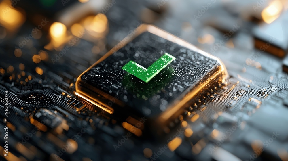 Aufkleber close up of computer chip with green checkmark symbol, representing successful processing or confirm