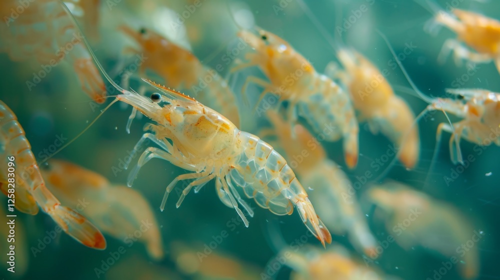 Poster a large group of transparent shrimp is observed swimming together in clear blue water. their delicat