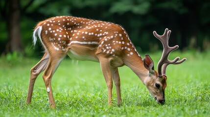 A deer grazing peacefully in a green meadow.
