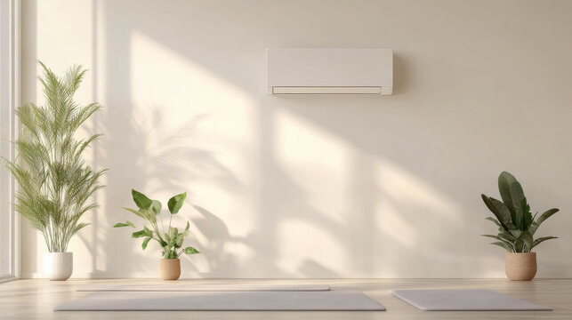 minimalist room with wall mounted air conditioner, indoor plants, and yoga mats, bathed in natural sunlight - Powered by Adobe