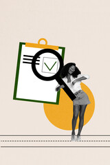 Template poster artwork 3D photo collage of young lady stand hold zoom glass clipboard done check approve human resources hiring business