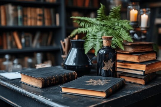 A gothic university registrar office with candlelit desks, towering bookshelves, and ancient academic records