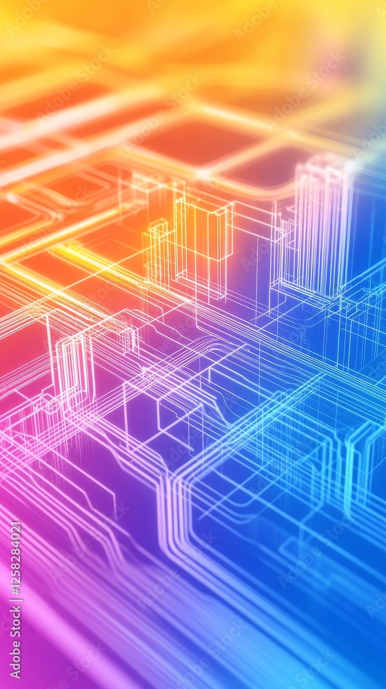 Poster abstract representation of a colorful digital circuit board with vibrant lines and patterns