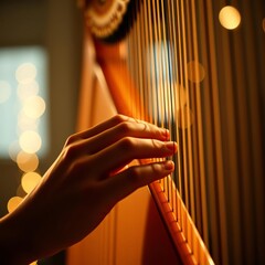 Close-up of a teenager's fingers playing a harp strings with warm bokeh lights Bokeh light lights background bokeh abstract light bright effect shiny