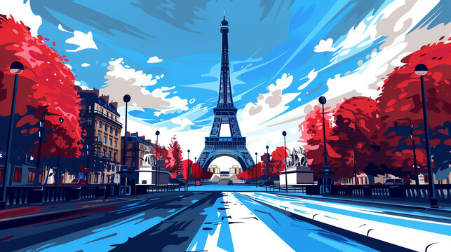 paris street scene vector illustration trees buildings red palette blue sky flat design