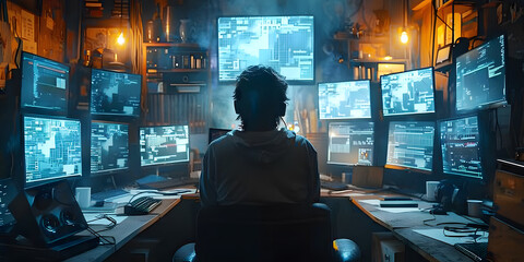 Trabajador de red de informacion computacional de espaldas en una oficina