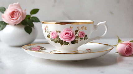 Fototapeta premium A vintage style porcelain beauty teacup with pink roses and gold trim matching saucer on a background.