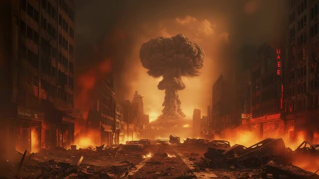 Destruction unfolds in a city as a massive explosion rises in the background, engulfing the skyline in flames and smoke while debris covers the streets