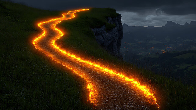 Serene nighttime landscape featuring a winding path ablaze with fiery light, overlooking a valley.  Perfect for fantasy, adventure, or spiritual themes ideal for websites, book covers, or game design.