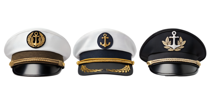 Captain's Hat with Nautical Badge on White, Marine Fashion Accessories, PNG Transparent