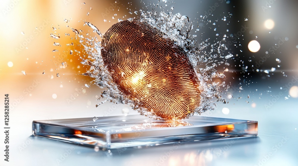 Poster golden fingerprint emerges from transparent surface, surrounded by splashing water droplets, symboli