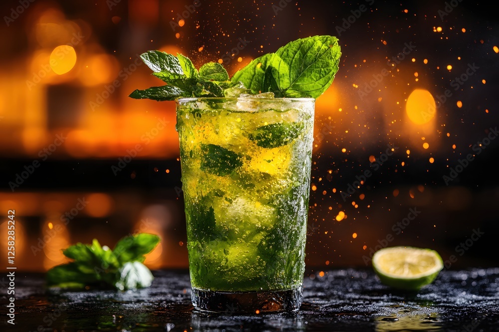 Poster refreshing mojito with mint and lime on a dark surface with bokeh lights in the background