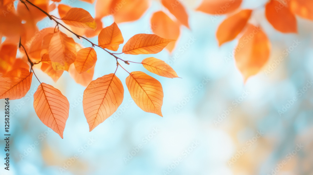 Poster golden autumn leaves on tree branches with soft blue and yellow bokeh background, evoking serene and