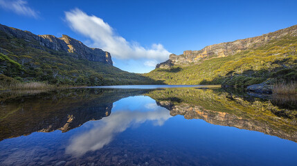 Fototapeta premium Scenic mountain lake with clear reflection and blue sky in Tasmania during daytime