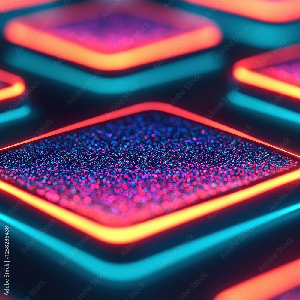 Poster close up of glowing square tiles with holographic surface, featuring vibrant colors and futuristic d