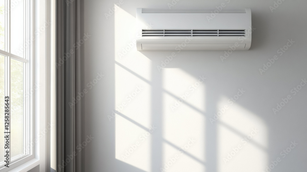 Aufkleber wall mounted air conditioner on white wall with sunlight streaming through window, creating serene a