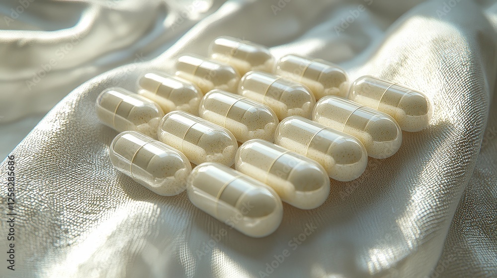 Poster white capsules are arranged on shimmering fabric surface, creating visually appealing pattern. soft 