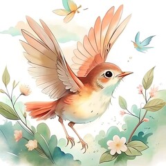 Obraz premium Colorful bird flying among flowers, symbol of freedom and joy