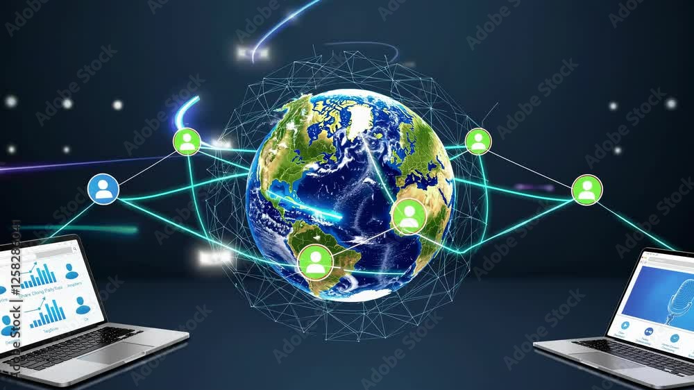 Poster digital network connecting users around the world through advanced technology and data visualization
