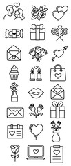 set of valentine couple icon consists of lips, flowers, gifts, hearts, couples, letters, laptops, candy, chocolate, calendars, candles, vases