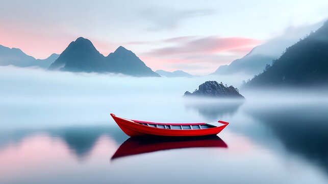 Red Boat On Misty Mountain Lake Sunrise