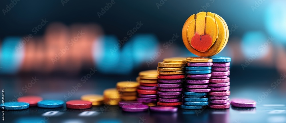 Poster stack of coins with single coin on top alongside business audit and efficiency evaluation details