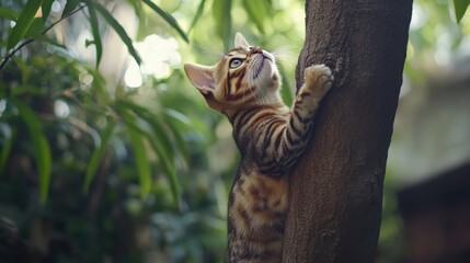 Obraz premium Bengal Cat Climbing a Tree in a Backyard Sunrise