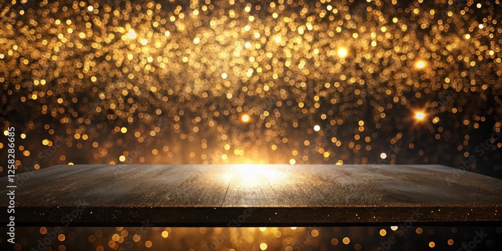 Aufkleber dark wooden tabletop with sparkling golden background for festive display
