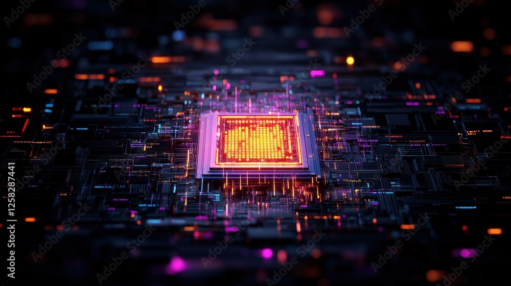 Poster computer chip with glowing orange light showcasing financial audit and management concepts in techno