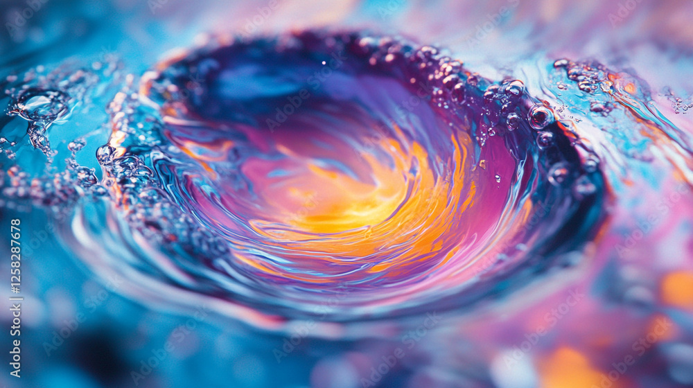 Poster vibrant liquid swirl creating colorful patterns in water during daylight hours