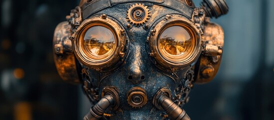 Fototapeta premium Steampunk mask, outdoor display, blurred background, artistic