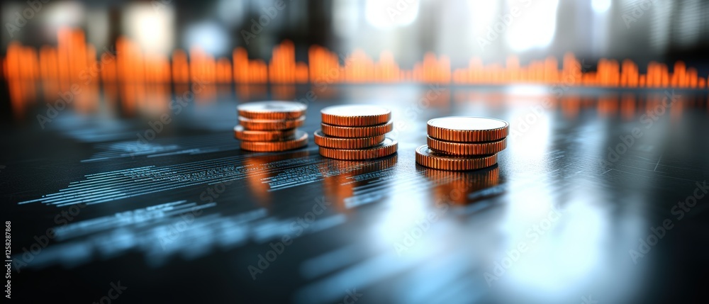 Poster stack of coins on a digital screen representing financial management and business audit concepts