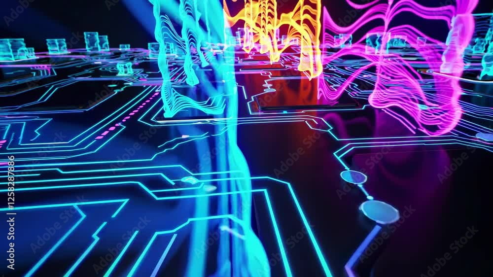 Poster vibrant digital landscape showcasing neon signals and circuit patterns in abstract design art