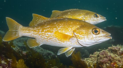 Naklejka premium Two yellow fish swim near kelp forest, ocean floor