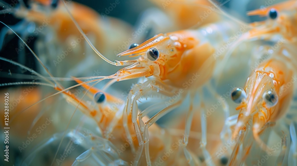 Poster fascinating shrimp displaying intricate details and vibrant hues as they navigate their clear aquari