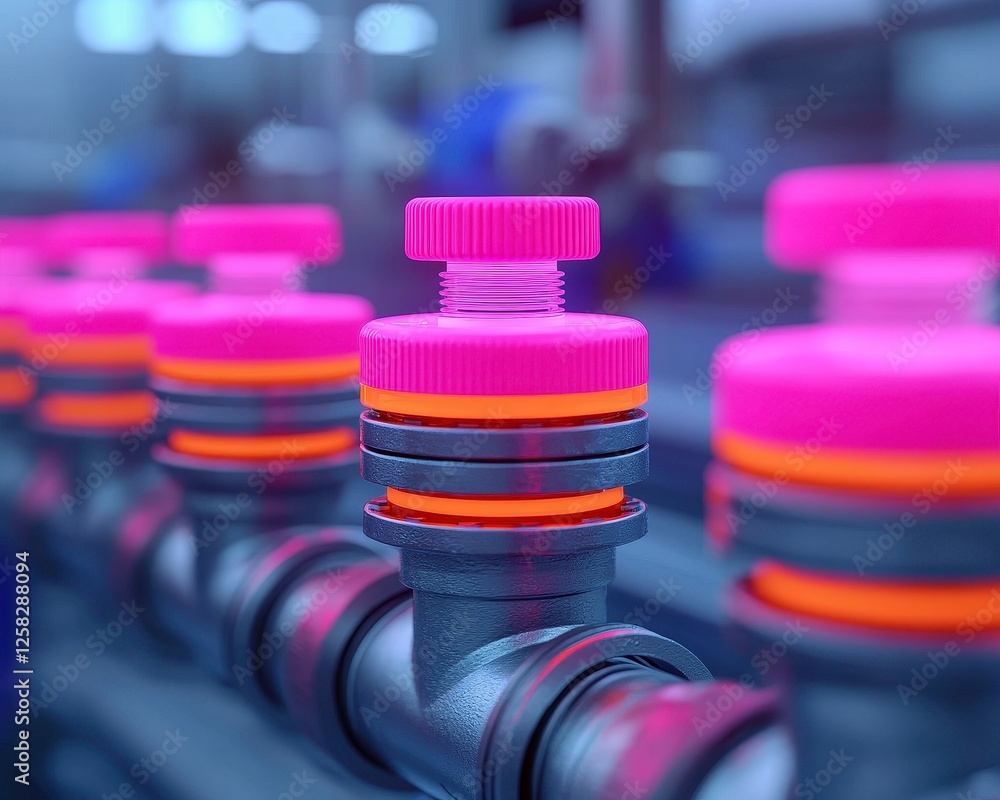 Poster futuristic valve system with jointed connectors and vibrant pink and orange components is displayed 