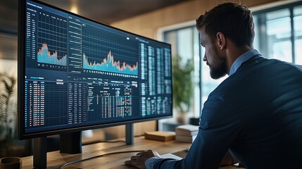 Fototapeta premium Analyst reviewing market data on large monitor in modern office