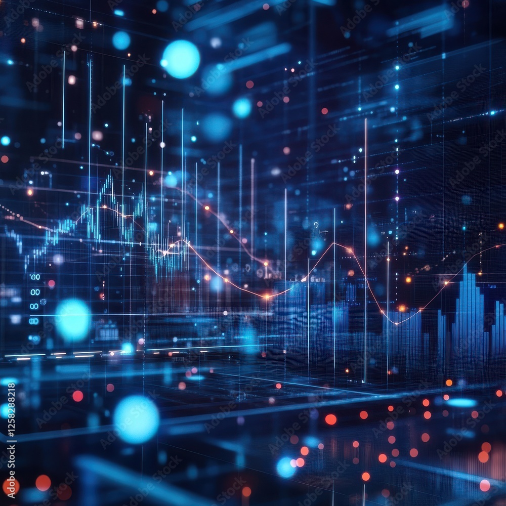 Aufkleber a vibrant digital landscape with glowing data visualizations, featuring graphs and dots, representin