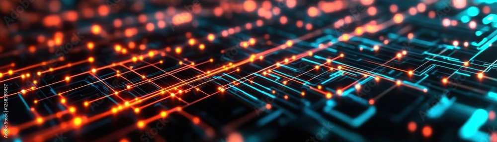 Poster a vibrant digital landscape featuring glowing lines and nodes, representing data flow and connectivi