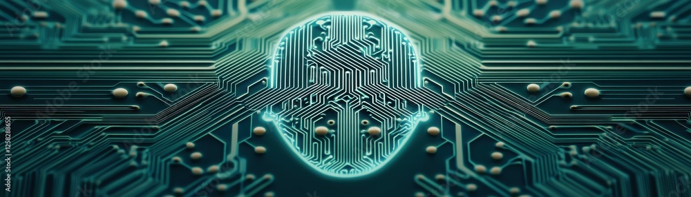 Poster a futuristic representation of a digital brain surrounded by intricate circuit patterns, symbolizing