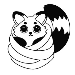 A charming, fluffy red fox curled tightly into a ball, nestled comfortably within a soft, warm, woolen blanket.