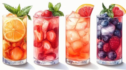 Vibrant assortment of refreshing fruit-infused drinks with mint garnish, showcasing summer flavors