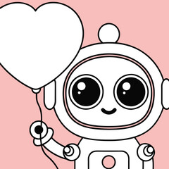 A charming, cartoonish robot, metallic silver with rosy cheeks, joyfully holds a bright red heart-shaped balloon.  High-resolution, detailed, cute style.