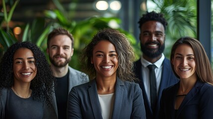 Fototapeta premium Diverse Group of Business Professionals Smiling Confidently in a Modern Office Environment