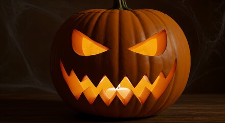 A pumpkin with a spooky jack-o'-lantern face, with flickering candlelight inside, creating a haunting ambiance.