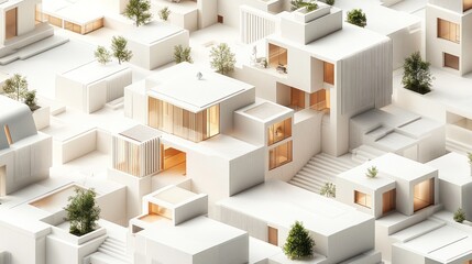 Naklejka premium Modern white houses, aerial view, city model, sunset, architectural design