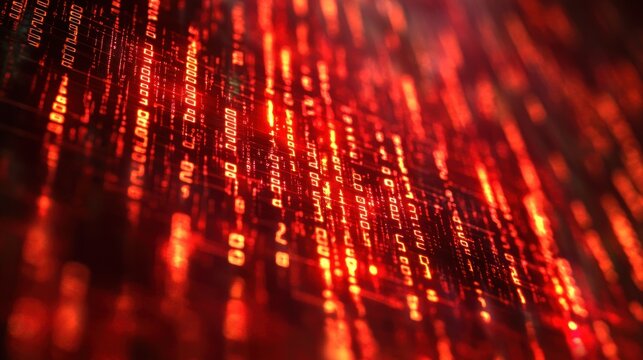 Red digital code streaming, futuristic server room background, cybersecurity risk