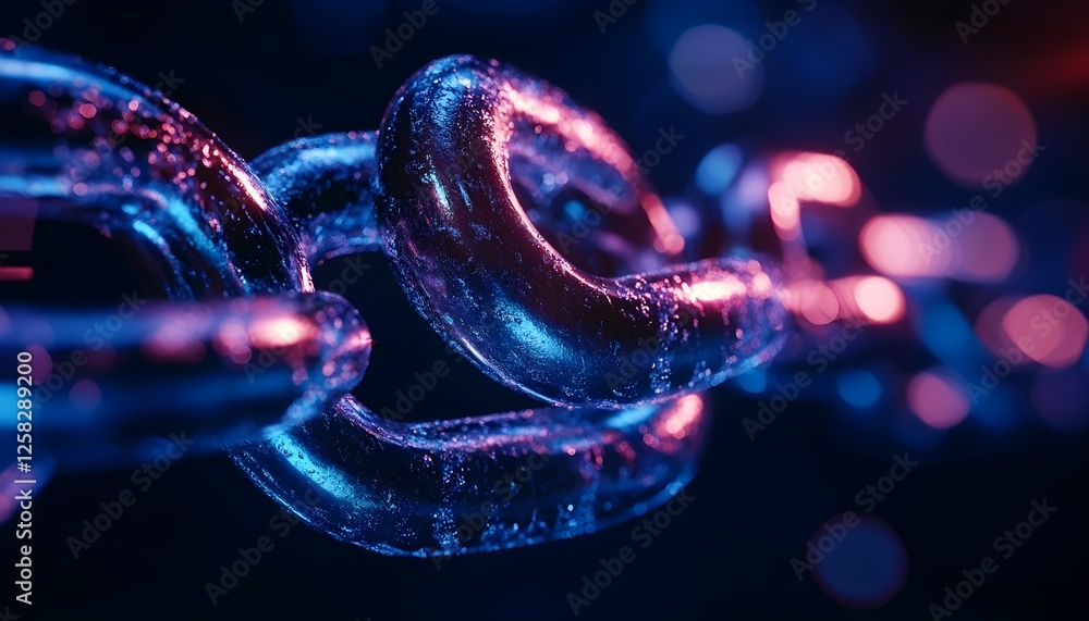 Poster close-up view of a metallic chain, illuminated with blue and purple light, creating a futuristic and