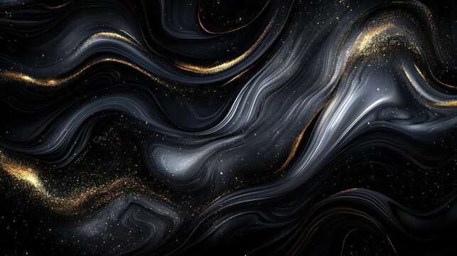 Abstract black, gold, silver liquid marble texture.